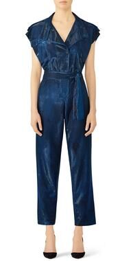 CAROLINA RITZLER Cap Sleeve Belted Metallic Jumpsuit Retro Blue Size 36 US 2